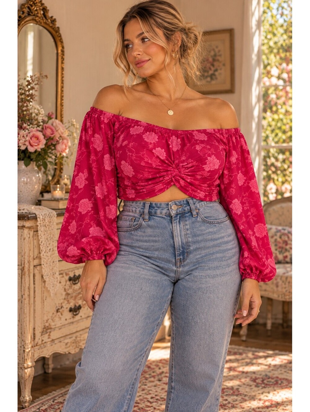 NWT Shades of Rose Off Shoulder Twist Front Crop Top Womens Large Pink Floral